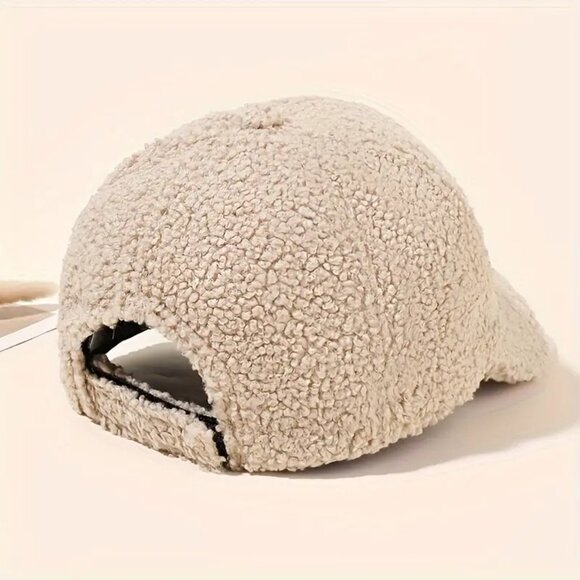 Beige Cozy Sherpa Fleece Baseball Cap Winter Warm Soft Hat‎ Adjustable Unisex - Picture 2 of 2